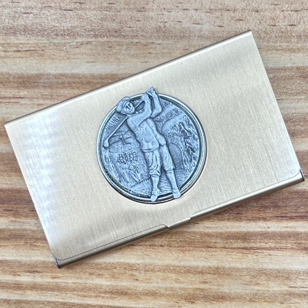 Fort Pewter Golf Medallion Business Card Case Brushed Metal Holder